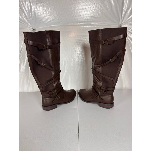Avenue Pompton Brown Tall Riding Boots 10W Wide Calf Buckle Faux Leather - Picture 5 of 11